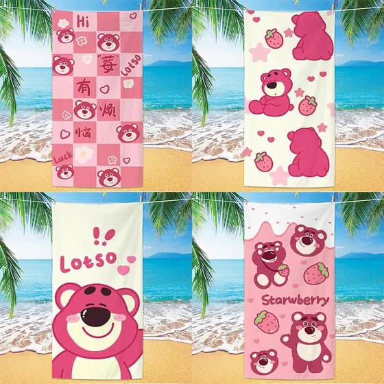 Toalha de praia fofa de urso de morango, microfibra impressa para crianças, desenho animado, urso, praia, toalha de banh