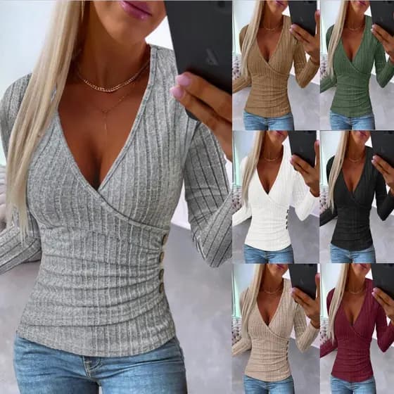 Gola superior fina 100 magro-ajuste olhar v botão camisa decoração Pit tricô outono tira feminina de manga comprida pulô