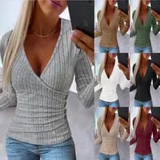 Gola superior fina 100 magro-ajuste olhar v botão camisa decoração Pit tricô outono tira feminina de manga comprida pulô