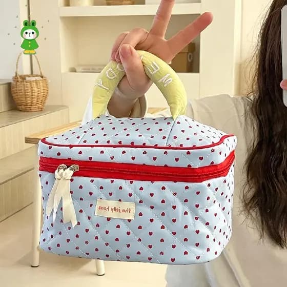 Bolsa Cosmética De Pano Em Forma De Coração Fofa Portátil De Armazenamento De Maquiagem Diária