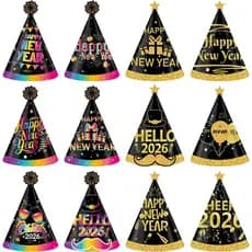 12 Chapéus de Papel em Forma de Cone para o Ano Novo - Chapéus Multicoloridos para Festa de Réveillon de 2026