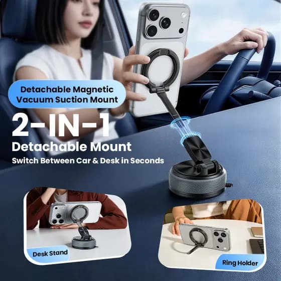 Suporte magnético para carro, suporte removível de anel para celular com ventosa a vácuo, suporte giratório dobrável par
