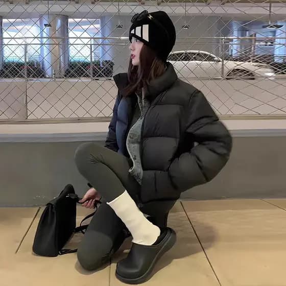 Jaqueta acolchoada curta feminina inverno novo estilo pequena jaqueta acolchoada moda jaqueta preta