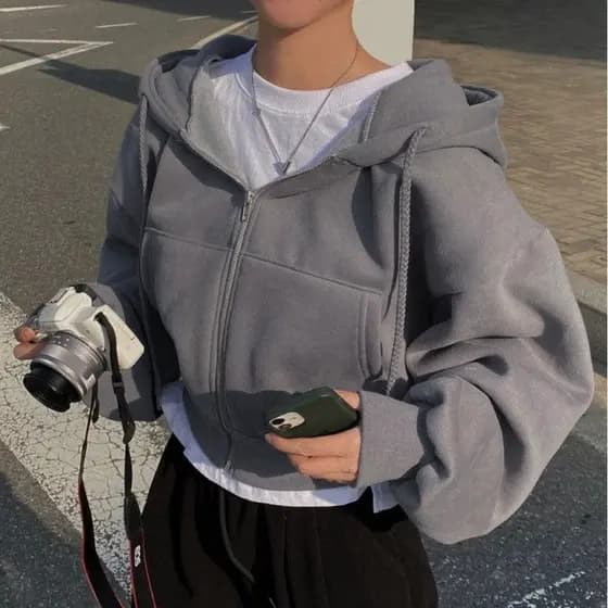 Novo estilo com zíper com capuz manga comprida solta cor sólida Sweatshi