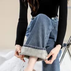 Calças de brim de lã feminina outono inverno novo estilo pequenas calças retas tamanho grande solto W