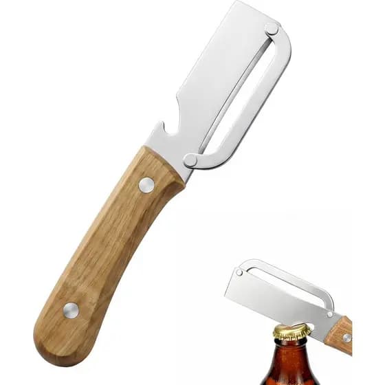 Conjunto de Descascadores de Legumes para Cozinha - Descascador 3 em 1 de Aço Inoxidável com Cabo de Madeira e Abridor d
