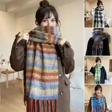 ELLASTORE Cachecol Feminino Com Estampa Xadrez , De Pelúcia Borla , Decoração , Suéter De Viagem , Acessório De Casaco