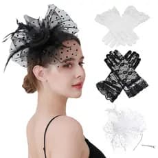 ELLASTORE 1Pc/2Pcs Mulheres Chapéu Fascinator Luvas Bordadas Flor Penas Falsas Rendas Grampo De Cabelo Headpiece Transpa