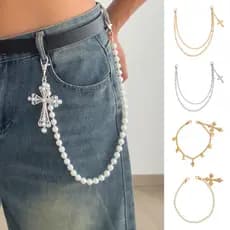 Elastore Calças Corrente Pérolas Falsas Metal Flor Decoração Carteira Multi-Camadas Design Estilo Hip-hop Wearable Arte