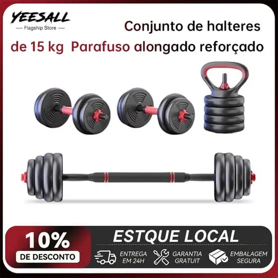 yeesall 15kg Dumbbell Kit Kettlebell Bar 6 in 1 Weight Bodybuilding Home Workout