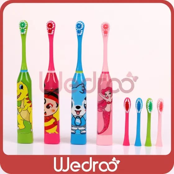 Escova de dentes elétrica infantil Wedroo, design de desenho animado, utilizada para cuidados orais.