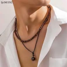 [ljc] 2 Pçs/set Pingente De Pedra Natural Nelace Para Homens Contas De Madeira Vintage Fio De Cera De Pele Gargantilha J