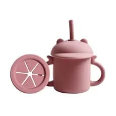 Copo de silicone para bebês, copo com canudo de silicone, copo para lanches, conjunto de utensílios infantis dois em um