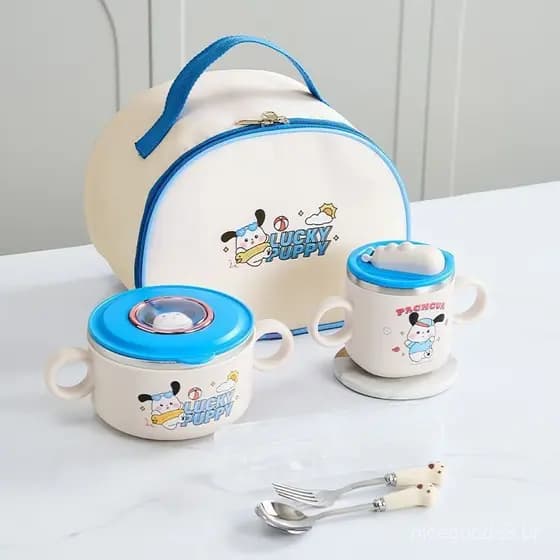 Tigela infantil de aço inoxidável 304 com tampa para alimentação de bebês, suplemento alimentar, conjunto de utensílios