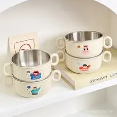 Tigela infantil de aço inoxidável 304 com alça, design de desenho animado, tigela de alimentação anti-queimaduras de dup