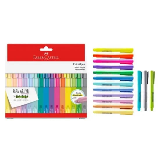Marca Texto Faber-Castell Grifpen 15 Cores Multicor (Tons Pastel e Neon) Lettering Escolar