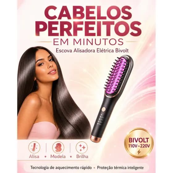 Escova Alisadora De Cabelo Elétrica Bivolt, Alisa, Hidrata, Modela, Alinha e Anti Frizz