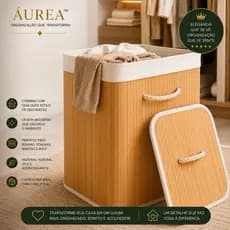 Cesto de Roupa Suja dobravel Lavanderia em Bambu tampa Retangular Forrado com Alça Brinquedo Quarto Banheiro