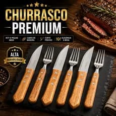 Kit Churrasco 6 Peças Inox com Cabo de Madeira Jogo Facas e Garfos Jumbo VivaLar Cucinare