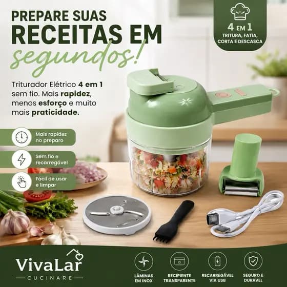 Triturador e Cortador Elétrico 4 em 1 Recarregável USB Sem Fio com Lâminas Inox para Legumes, Temperos e Alho