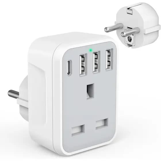 Adaptador de Viagem do Reino Unido para a Europa com 4 Portas USB (1 USB C), Adaptador de Tomada com Aterramento para a