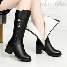 pwm2026 botas femininas de outono inverno com veludo, salto médio, salto grosso, antiderrapantes, de lã, cano médio.