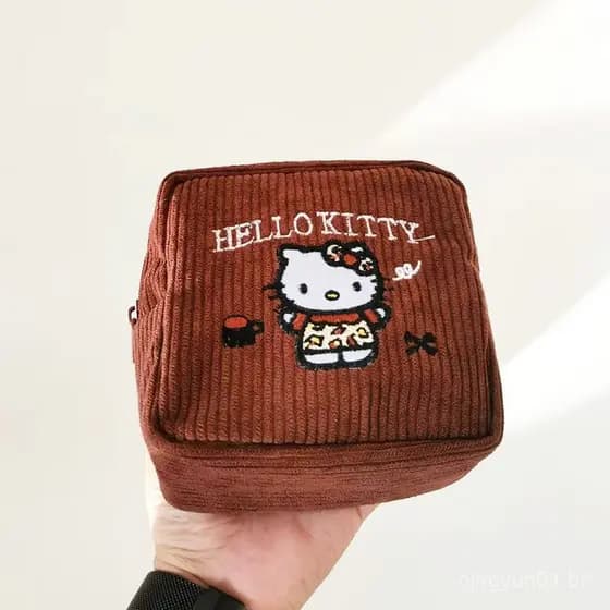 Nova Bolsa de Cosméticos Original com Bordado de Gatinho, Cor Castanha, Veludo de Grande Capacidade
