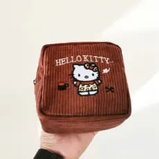Nova Bolsa de Cosméticos Original com Bordado de Gatinho, Cor Castanha, Veludo de Grande Capacidade