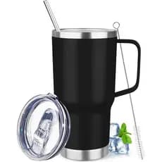 Caneca de café isolada de aço inoxidável de 20 oz com alça, tampa e canudo, copo de café com isolamento a vácuo de pared