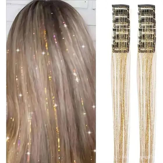 12 Peças de Extensões de Cabelo com Glitter e Fios Brilhantes, 20 Polegadas, Fibras Sintéticas, Resistente ao Calor, Kit