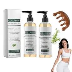 Pacote com 2 óleos corporais de colágeno para lifting, usados para firmar o abdômen, as pernas e os glúteos, com efeitos