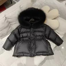 Novo estilo infantil com capuz jaqueta acolchoada de comprimento médio jaqueta de gola de pele grande