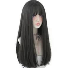 Peruca de Cabelo Sintético Preto de 22 Polegadas de Comprimento para Mulheres, Peruca Longa Lisa Natural com Franja para