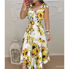 Vestido Longo Sem Mangas com Decote em V e Cinto Floral Estampado Boho para Mulheres BU8G