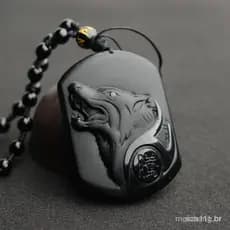 Cordão Com Pingente De Corrente Obsidiana/Negra Da Cabeça De Lobo