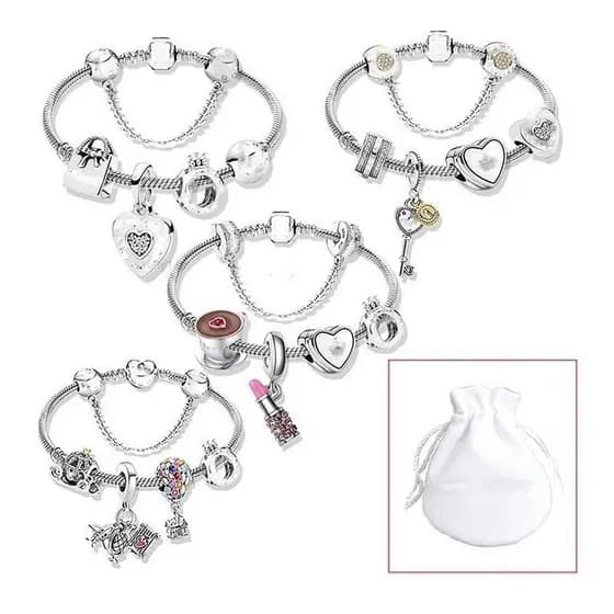 Conjunto de 5 pulseiras com pingente de coração LI Berloque, vem com uma bolsa para joias, feito de prata 925.