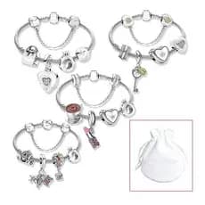 Conjunto de 5 pulseiras com pingente de coração LI Berloque, vem com uma bolsa para joias, feito de prata 925.