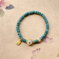 Pulseira de Círculo Único com Esmeralda Natural Azul Gelo e Pingente de Cartão de Bênçãos, Pulseira Cheia de Contas