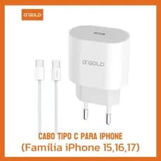 Carregador iPhone Turbo 30W A’Gold PRO Kit Fonte + Cabo Tipo C Lightning e Tipo C Tipo C Original