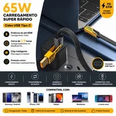 Cabo Carregador 4 Em 1 PD 65W Tipo C Para Notebook Tablet Celular iPhone