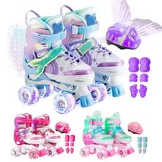 Patins Sereia Ajustável Infantil 4 Rodas Kit - Proteção Rodinha Com Led