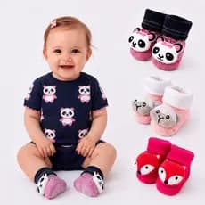 Kit 3 Meias Bebê Infantil Bichinho 3D Antiderrapante Com Silicone Menina