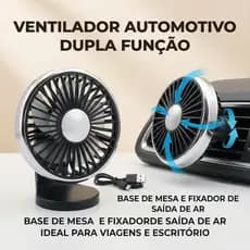 Ventilador Automotivo Formato Roda Duplo Uso USB, Várias Cores e Modelos para Painel e Saída de Ar do Carro