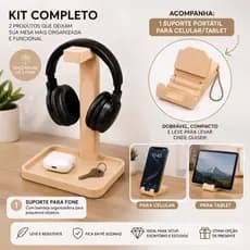 Suporte Fone Headset com Bandeja Organizador de Mesa + Suporte Celular Tablet Portátil