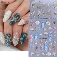 FFE Medusa Verão Praia Prego Stiers Colorido Concha Estrela Do Mar Peixe Adesivo Sliders Decalques Em Relevo Manicure Fo