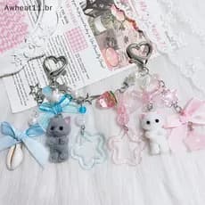 Awheat11 Criativo Bonito Floed Gatinho Morango Pingente Chaveiro Doce Animal Bapa Decoração Acessórios Melhor Amigo Pres