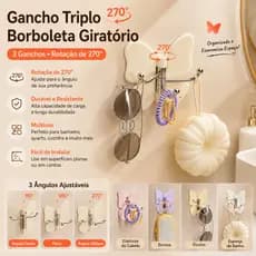 Gancho de Parede Rotativo em Forma de Borboleta com 3 Ganchos, Sem Necessidade de Furar, Gancho de Armazenamento de Cant