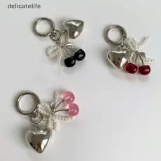 Moda 3D Cristal Cereja Chaveiro Pérola Arco Prata Coração Pingente Bolsa Feminina Acessórios Presentes