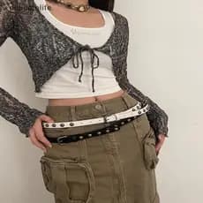 Cinto Vintage Americano Feminino Casual Rebite De Couro Fino Estilo Punk Metal Ro Único Versátil Acessórios De