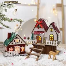 Casa De Natal De Madeira LED Mini Casas De Neve Inverno Aldeia Estatuetas De Construção Enfeites De Mesa Decoração De Fe